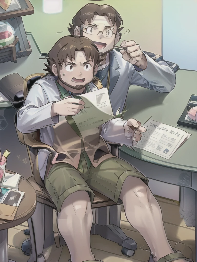 ProfessorBirch, open mouth, 1boy, holding, sitting, male focus, sweat, shorts, indoors, pokemon (creature), chair, desk, paper, labcoat, green shorts