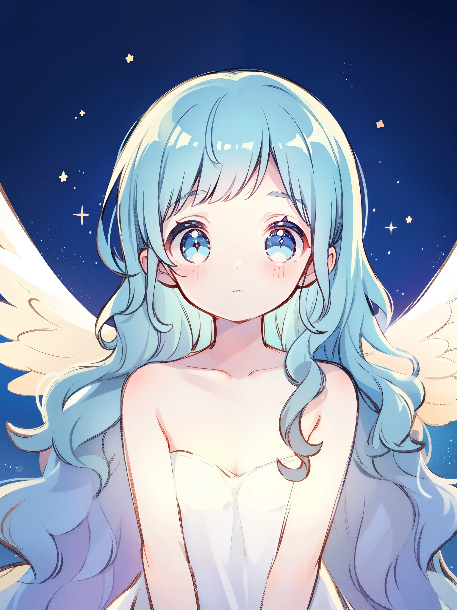 nude angel girl wearing an ethereal translucent dress, pale skin, ((blue mint wavy hair)), white feathers, angel wings, sparkling detailed eyes, golden ratio face, perfect composition, highly detailed, ethereal, (starry night sky background), midjourney style