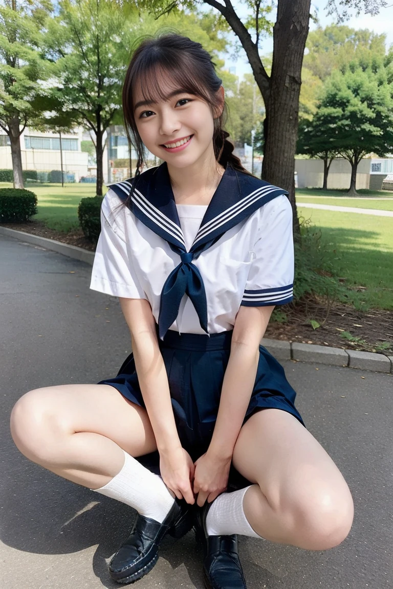 A girl standing in a classroom and unbuttoning her shirt,White long-sleeved open sailor shirt and navy blue one-piece school swimsuit,18-year-old,bangs,A small smile,Thighs,knees,Short hair and a low ponytail with a barrette,From below,Front light