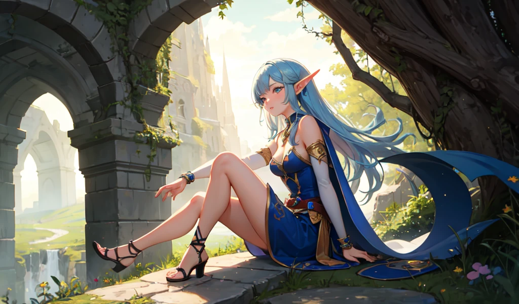 an elven woman, long hair down to the feet with blue hair highlights, piercing and judgmental gaze, wearing a wizard&#39;s hat, light blue eyes, sitting on a chair in a tavern, cross legs,smoking a pipe, releasing blue smoke, clear skin with a bright appearance