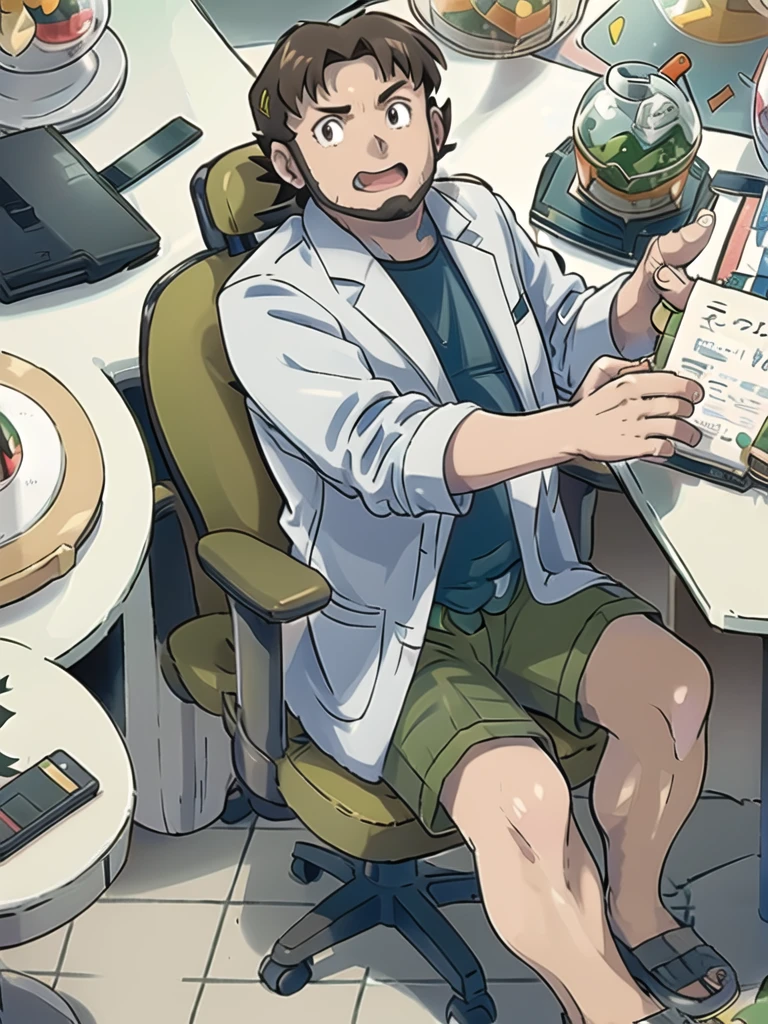 ProfessorBirch, open mouth, 1boy, holding, sitting, male focus, sweat, shorts, indoors, pokemon (creature), chair, desk, paper, labcoat, green shorts