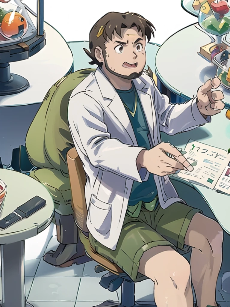 ProfessorBirch, open mouth, 1boy, holding, sitting, male focus, sweat, shorts, indoors, pokemon (creature), chair, desk, paper, labcoat, green shorts