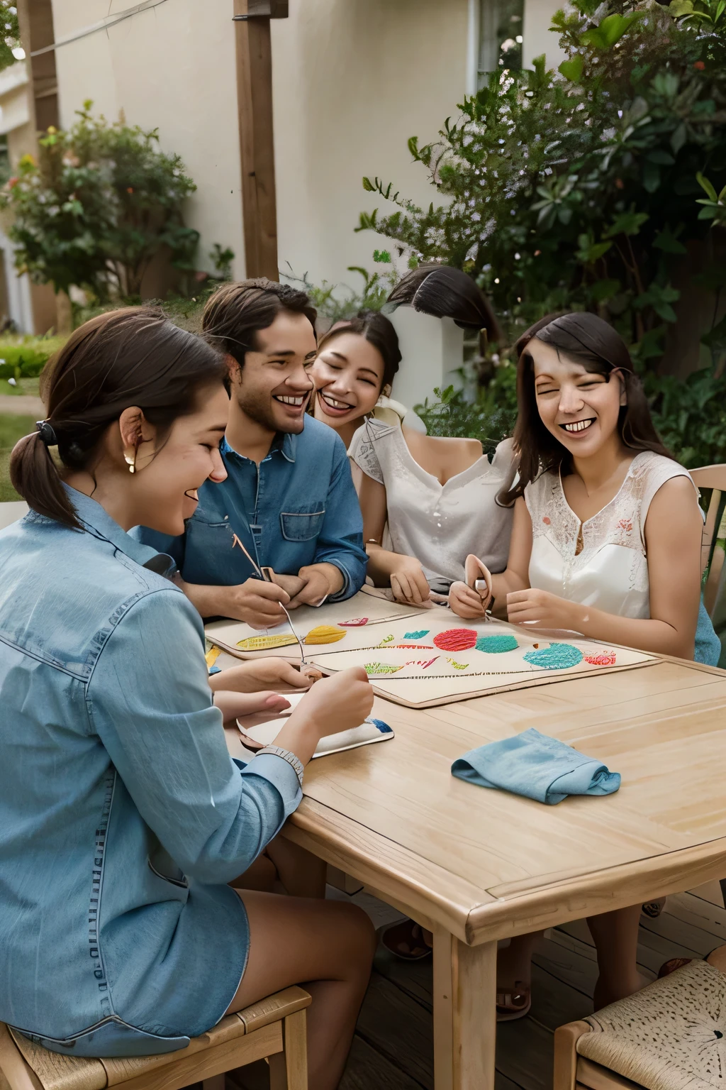in realistic image, 5 friends sitting at a table, they are embroidering, while they talk and laugh.