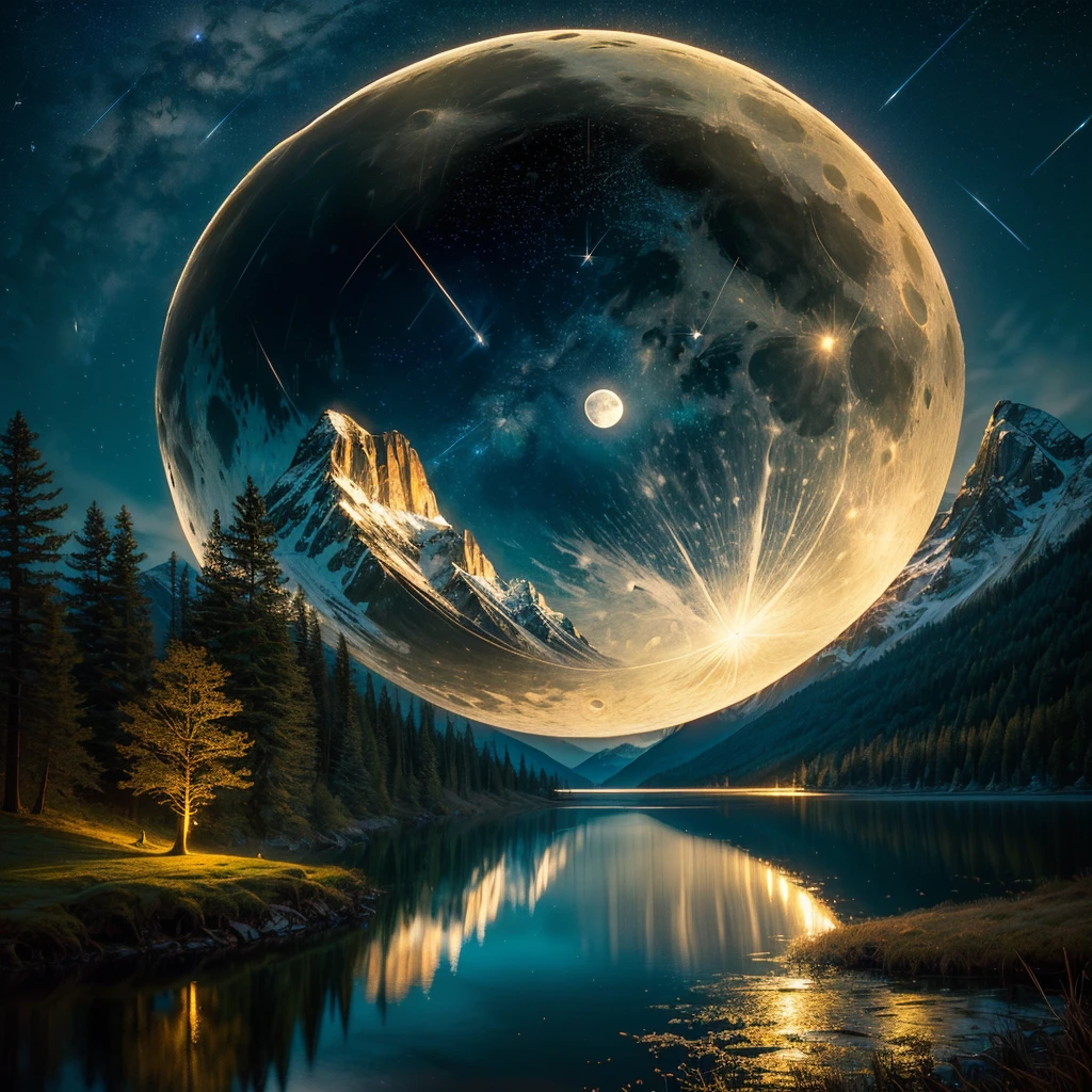 wood egg art, a tranquil mountain lake under moonlight, double exposure, as a portal to another world, night, full moon, many stars, around mountain, breathtaking beauty, unique, the most captivating masterpiece you have ever seen, stunning, award winning, perfect composition, highly detailed