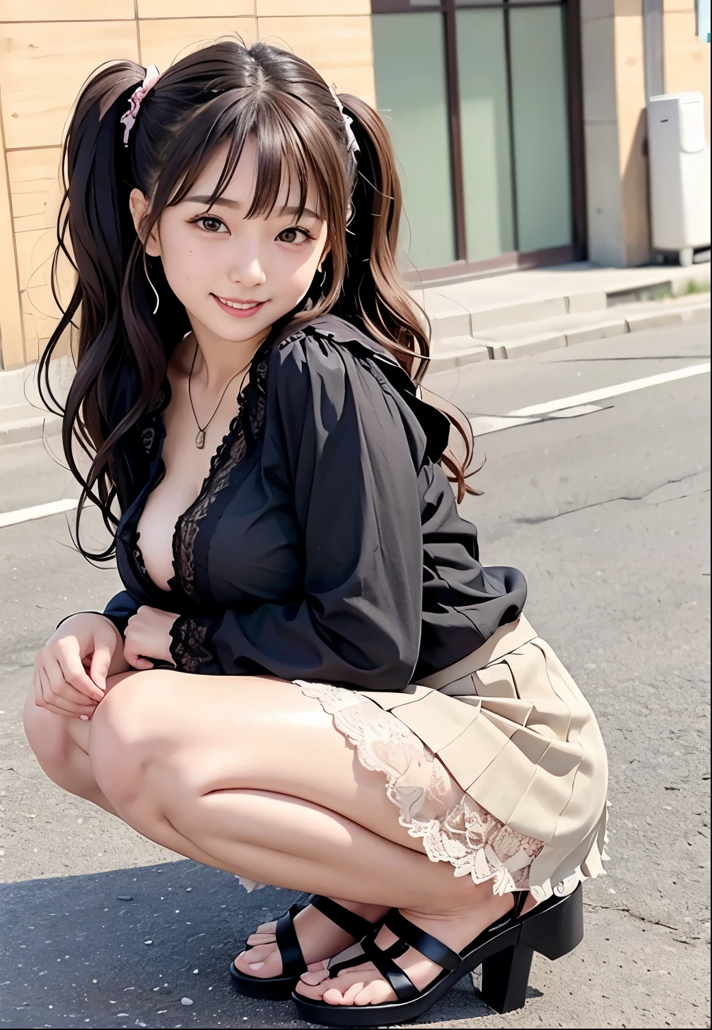(Highest quality,masterpiece:1.3,Ultra-high resolution),(Very detailed、Caustics) (Realistic:1.4, RAW shooting、)Ultra-Realistic Capture、Very detailed、Natural skin texture、masterpiece、(Japanese girl wearing a black lace blouse and pleated skirt:1.3)、Adorable expression、Expressions of happiness、10 years old、height: 140cm、Baby Face、Amazingly cute、Twin tail hairstyle、Curly Hair、Scrunchie、necklace、Black Hair、Heavy makeup、Large Breasts、Shining thighs、Shining ass、Private Garden Photoshoot、Squatting on the floor of a train、There are several men standing around、Background details、smile、An inviting gaze、(Anatomically correct)、Cowboy Shot、Attention to detail、Sexy and cute pose、Heeled Sandals、