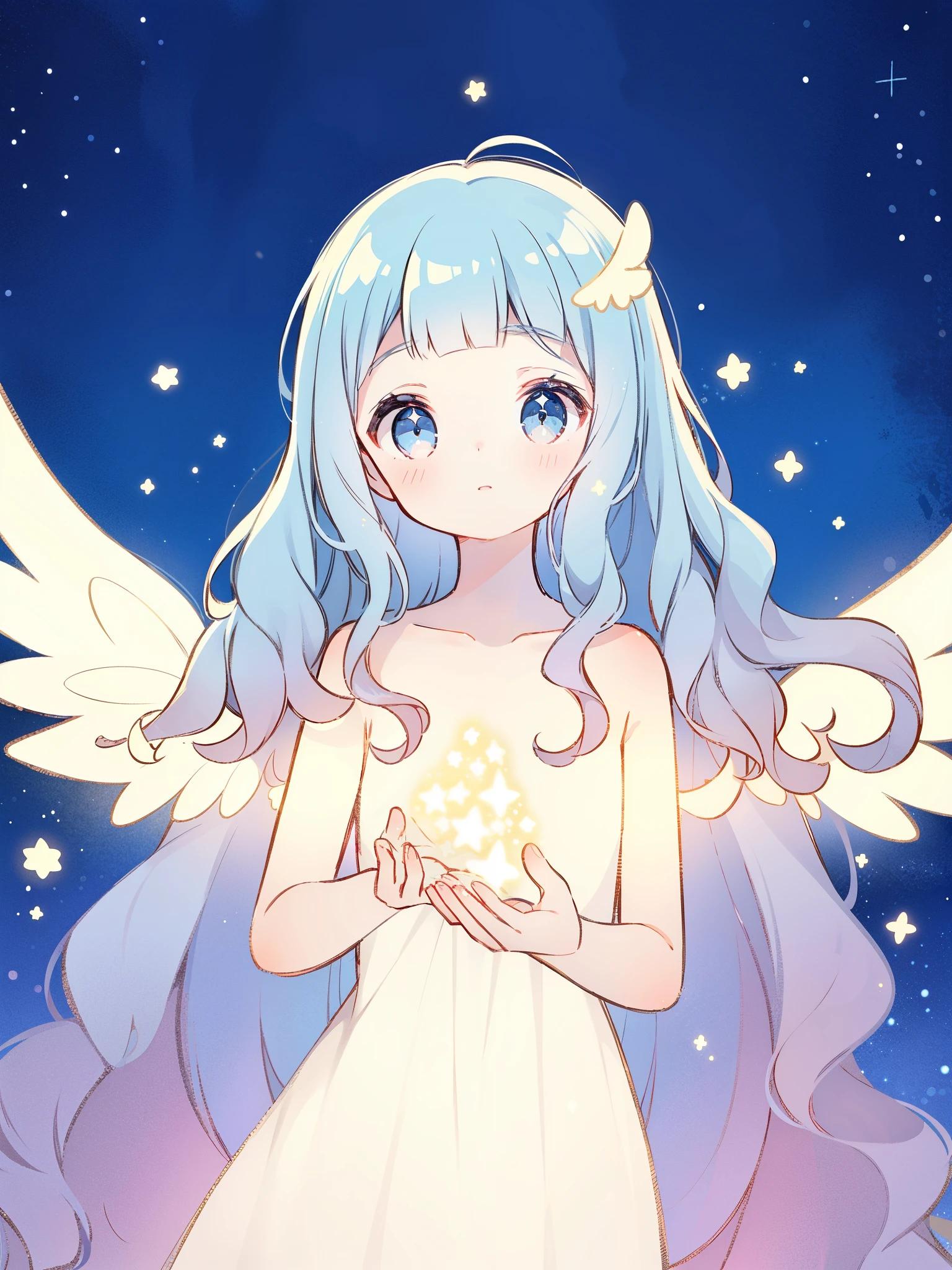 nude angel girl wearing an ethereal translucent dress, pale skin, ((blue mint wavy hair)), magical glowing stars and lights, white feathers, angel wings, sparkling detailed eyes, golden ratio face, perfect composition, highly detailed, ethereal, (starry night sky background), midjourney style