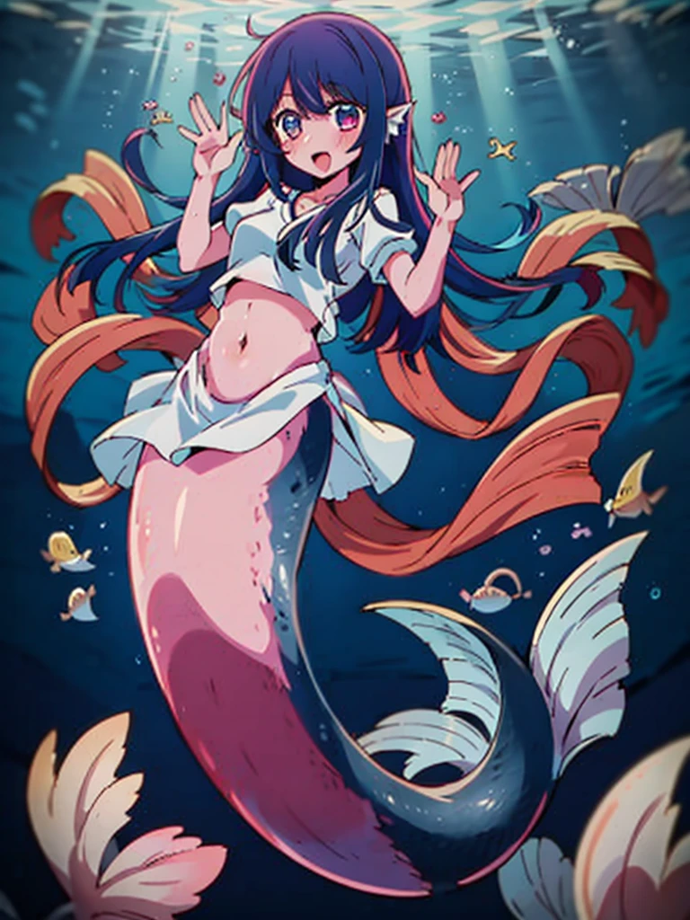 (mermaid:1.0), black long mermaid tail, full body, midriff shirt,  beautiful perfect symmetrical face, beautiful cute anime teenager girl, full body,, comic styled, under the sea