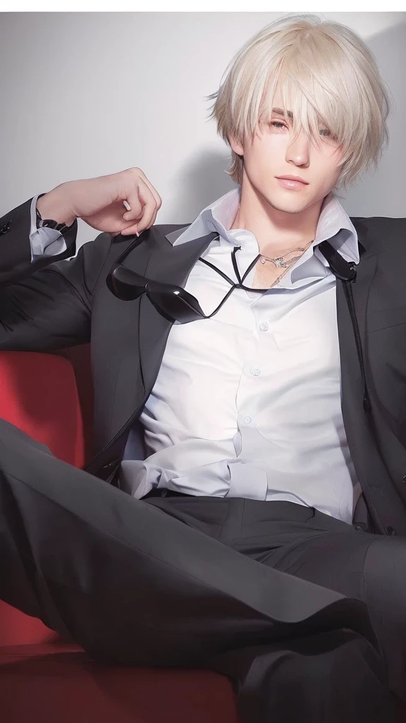 Handsome guy in a suit sitting on a red couch with his hand on his lap, he wears an eyepatch, high quality