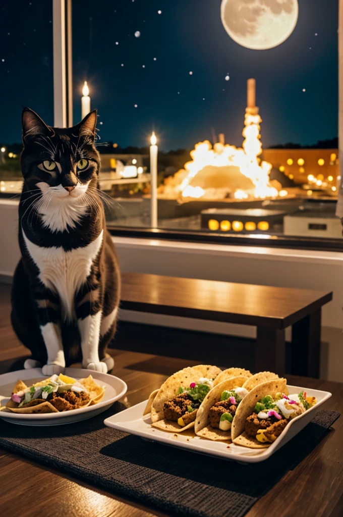Cat sitting on a moon eating tacos