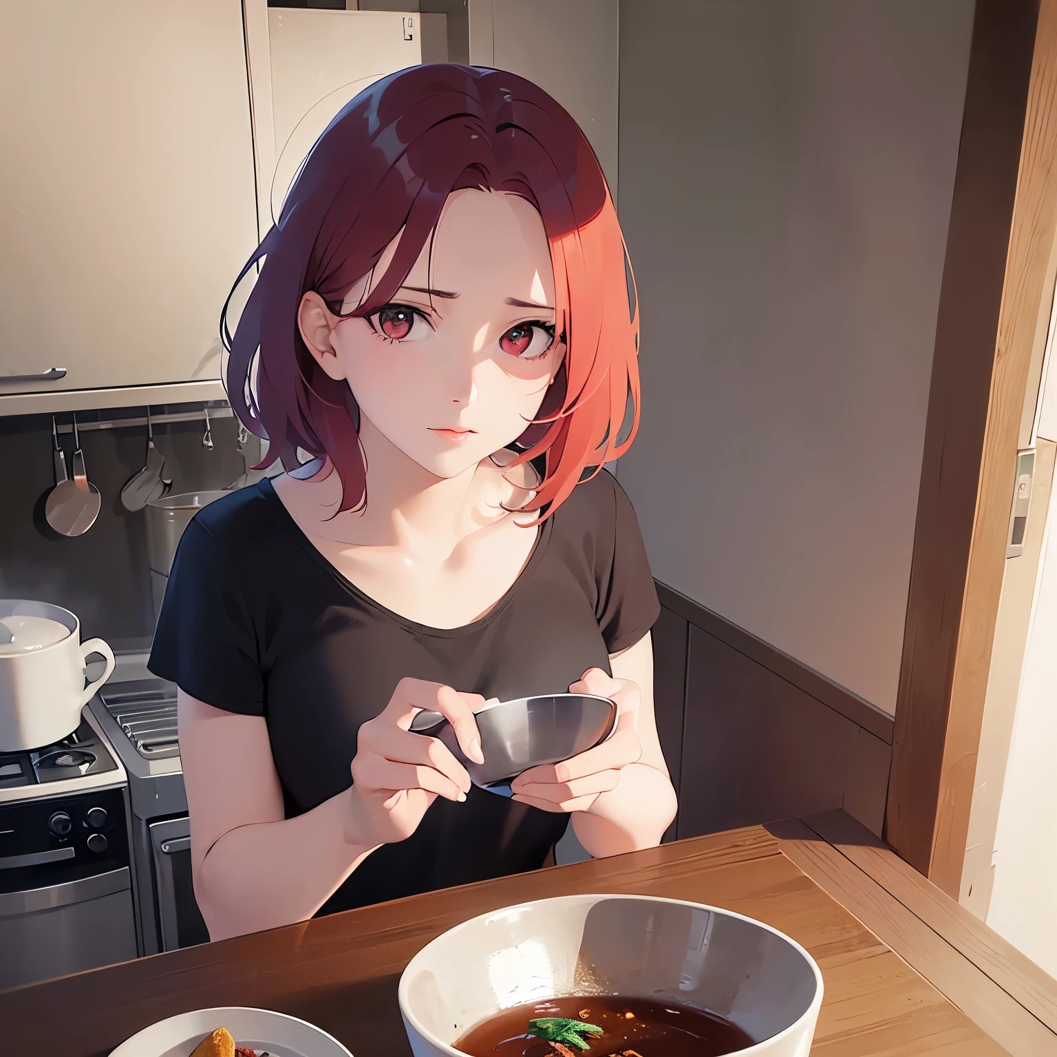 Realistic, real person, RAW photo, photorealistic, portrait photography,
attractive mature lady,(55-year-old:1.5),、(Medium Hair) and (red hair) and (red eyes),
Wearing a grey cut-and-sew top、Troubled expression, Wiping the dishes, Dining background、Alone