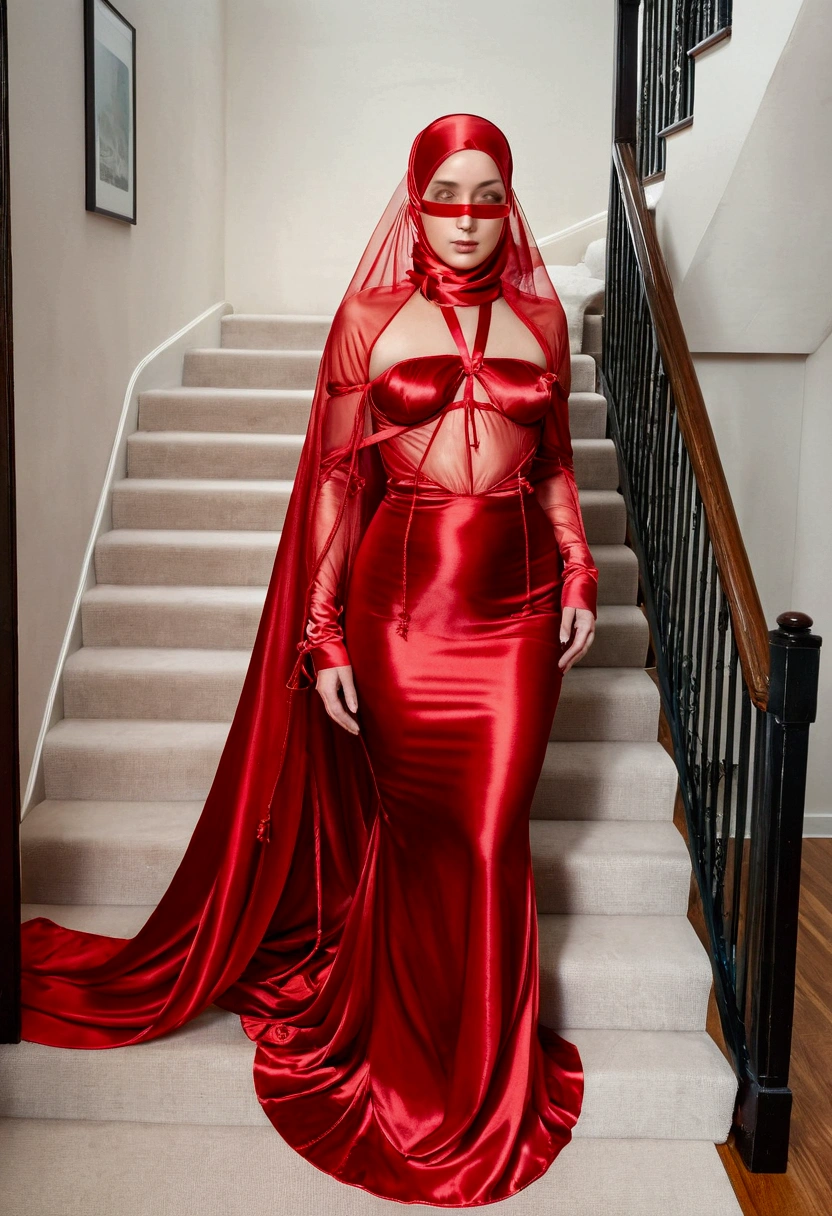 a woman in the translucent red satin gown, tight full body tied, satin sheet, nipple on with nipple piercing, wearing translucent veils, blindfolded, face cover with satin veil, satin hijab, full body, long satin,mermaid tight long gown, flowy dramatic long gown, tall women, satin fabric on flor, strugle to walk, wear high heels, masterpice.