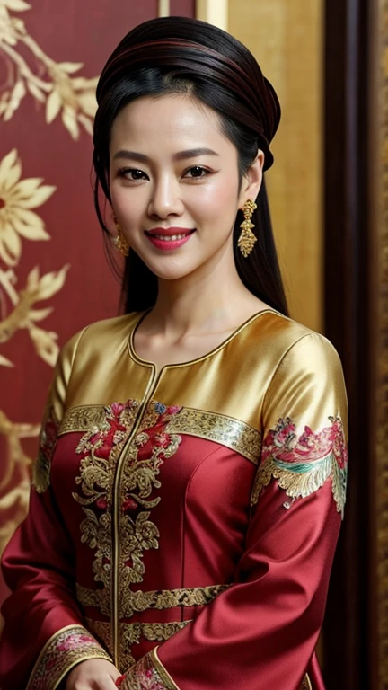 Zhang Ziyi wearing exotic clothes with painted lips and smiling