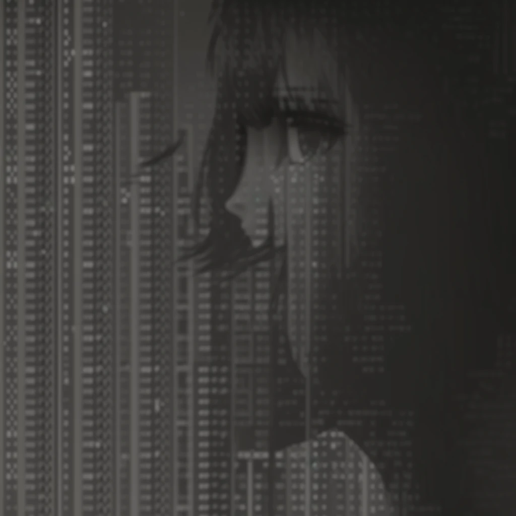 a black and white photo of a woman looking out a window, ascii art, anime girl in ascii art style, young glitched woman, ascii, face made of notation, grainy monochrome photo, cinematic lain fractal lain, inspired by Ryoji Ikeda, ( ( dithered ) ), by Ryoji Ikeda, binary