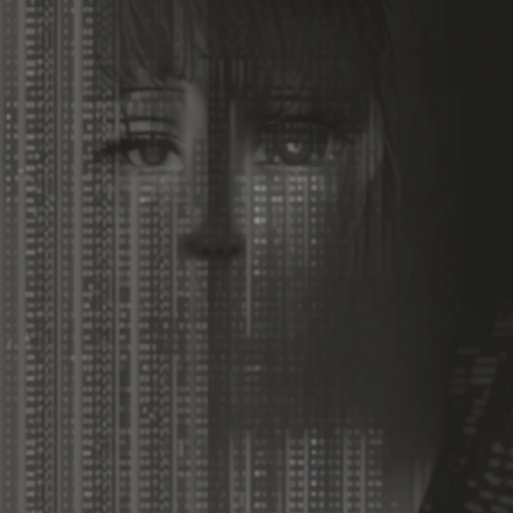 a black and white photo of a woman looking out a window, ascii art, anime girl in ascii art style, young glitched woman, ascii, face made of notation, grainy monochrome photo, cinematic lain fractal lain, inspired by Ryoji Ikeda, ( ( dithered ) ), by Ryoji Ikeda, binary