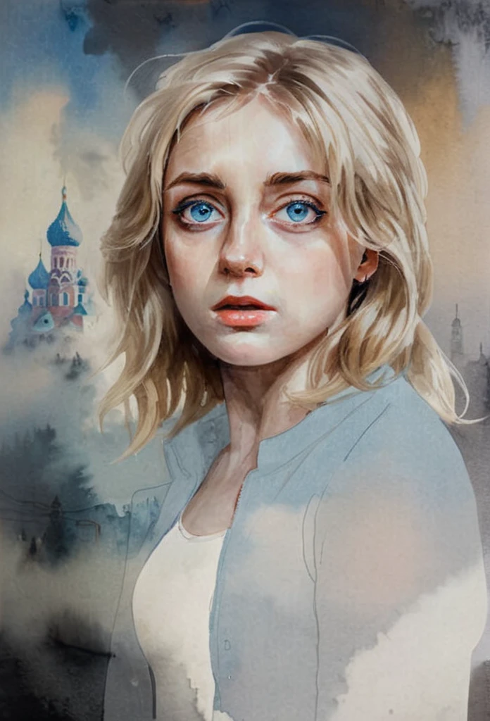 High Quality ,ultra detailed,portrait, Beautiful picture of A painting of a girl russian beauty, big blue eyes, blonde, /Fog, cinematic shot, haze lighting, 16k, uhd, blurry masterpiece,cinematic, epic,  watercolor, 