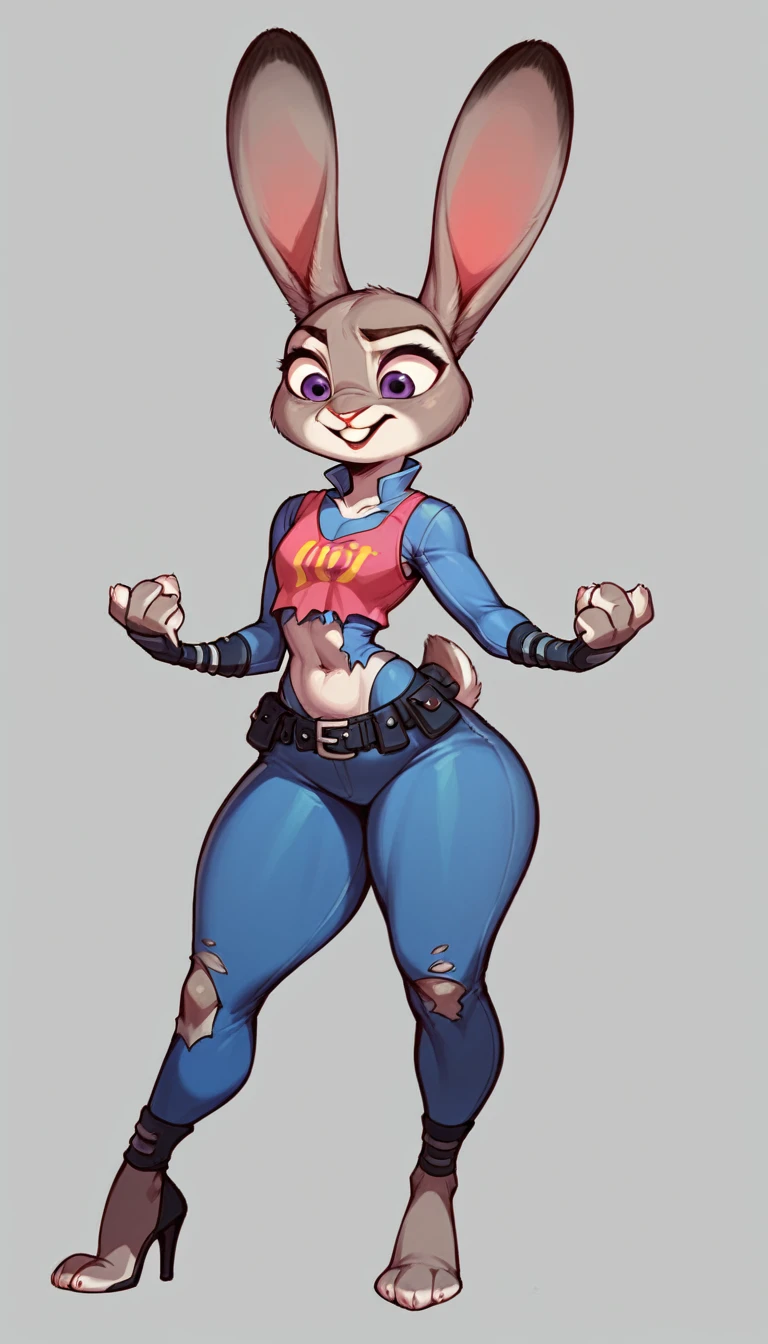 Judy Hopps, detailed fur, thick thighs, torn crop-top, high heels