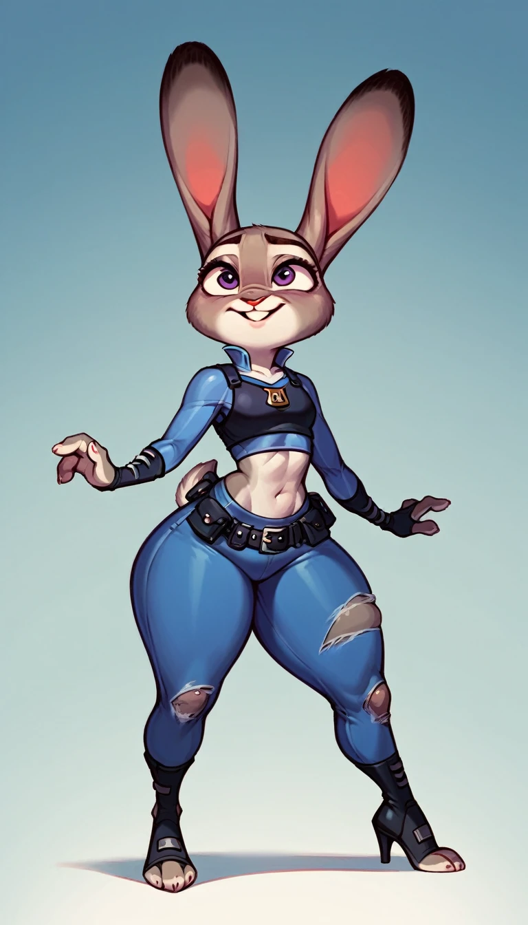 Judy Hopps, detailed fur, thick thighs, torn crop-top, high heels