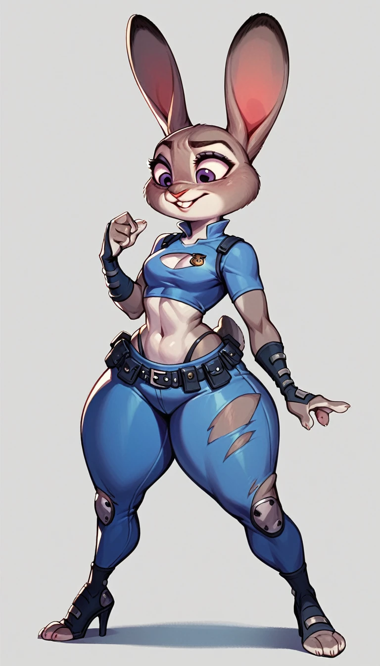 Judy Hopps, detailed fur, thick thighs, torn crop-top, high heels