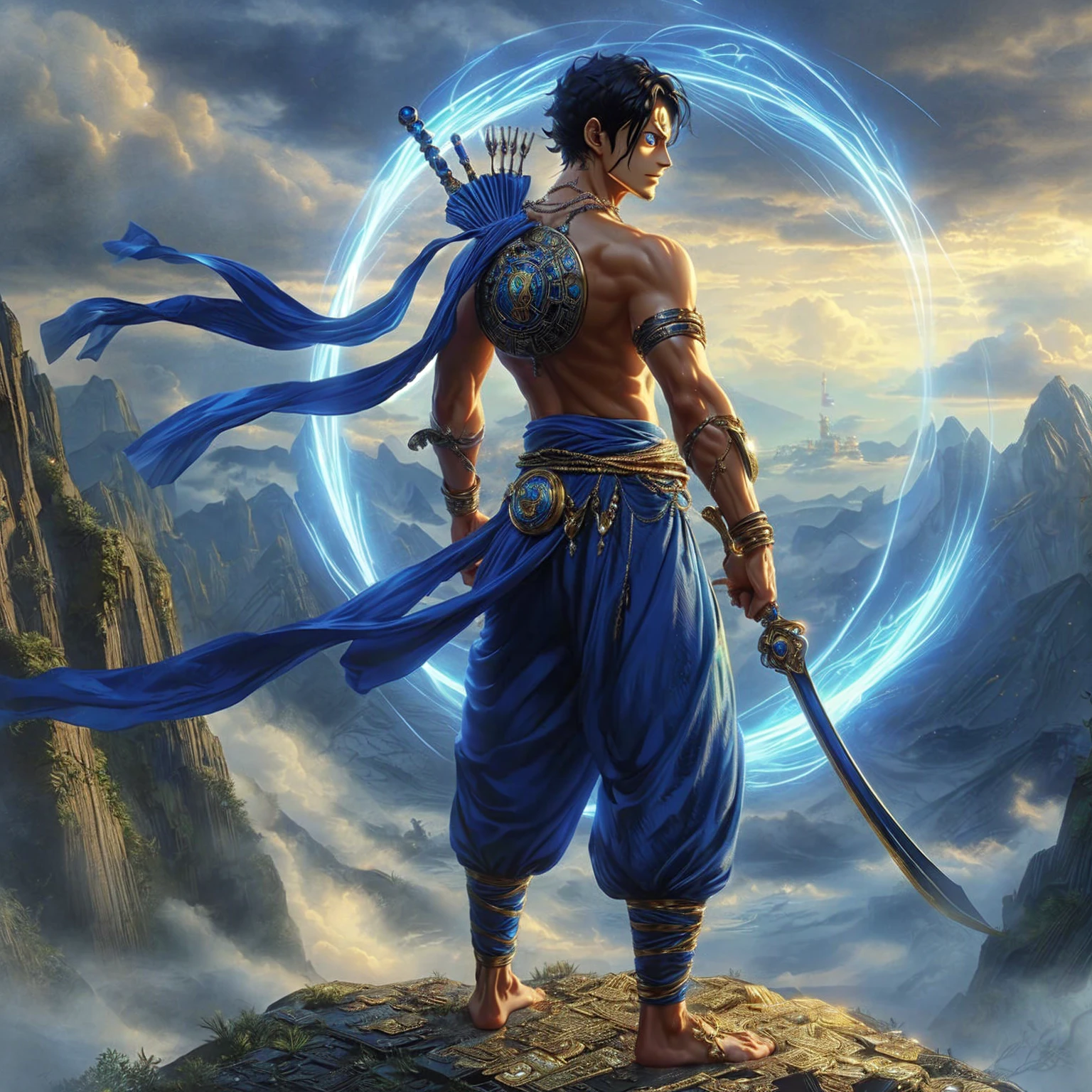 Handsome man, blue eyes, ornate gold jewelry. , god god , ,realistically ,Fine golden background. 3-D anime.