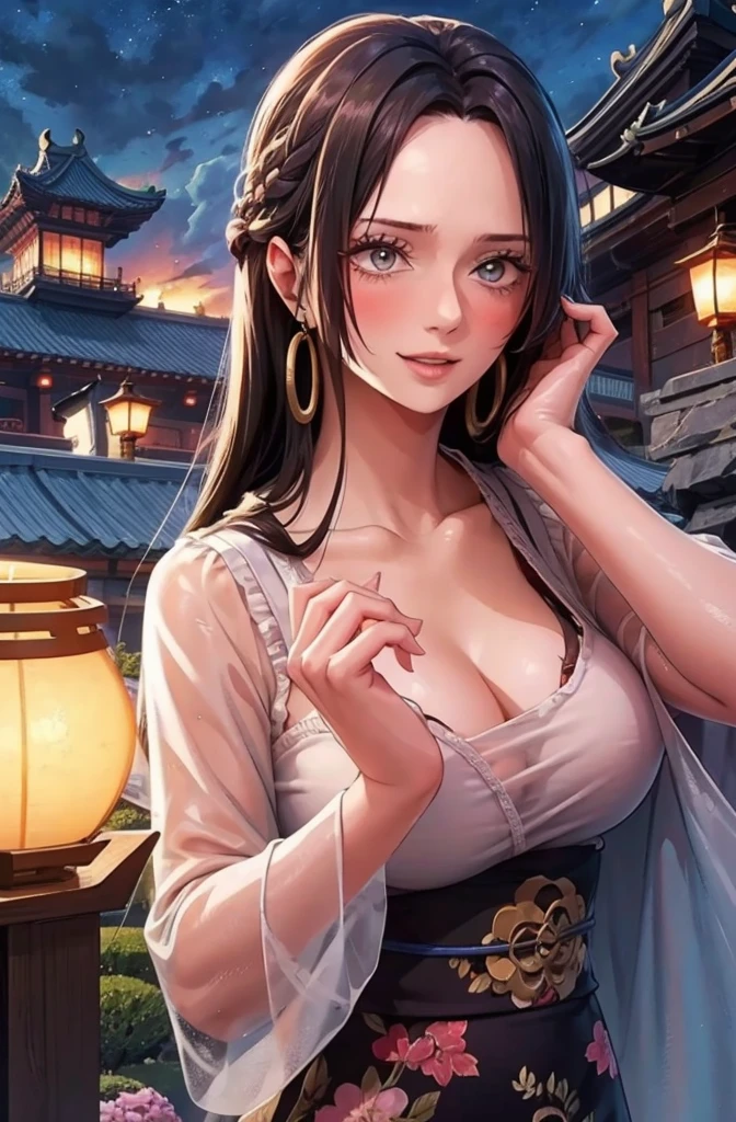 Masterpiece, best, night, full moon, 1 female, mature woman, Chinese style, ancient China, elder sister, royal sister, smile, dark brown hair, dark hair, princess cut, braid, curly hair, double ball head, pale pink Lips, calm, intellectual, medium hair, green pupils, hairpin, hydrangea, delicate face, face close-up, hand close-up