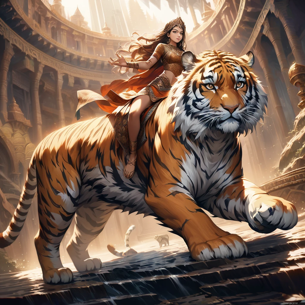 beautiful detailed Hindu goddess Dourga, riding on a fierce tiger, intricate detailed pattern on clothing, majestic tiger, detailed fur, 8k, digital painting, fantasy art, vibrant colors, dramatic lighting, cinematic composition, atmospheric environment, hyper realistic, photorealistic