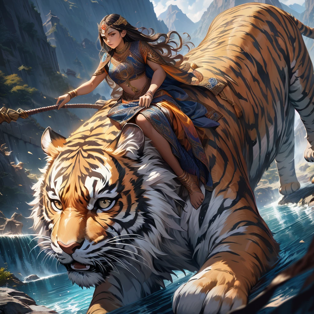 beautiful detailed Hindu goddess Dourga, riding on a fierce tiger, intricate detailed pattern on clothing, majestic tiger, detailed fur, 8k, digital painting, fantasy art, vibrant colors, dramatic lighting, cinematic composition, atmospheric environment, hyper realistic, photorealistic