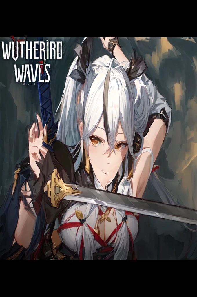 a woman holding a sword in front of a dark background, holding a long sword | divine, from the azur lane videogame, soaring waves, holding a sword on her shoulder, official art, advanced digital anime art ”, characters from azur lane, wielding a keris sword, azur lane style, unsheathing her katana, katana zero video game character