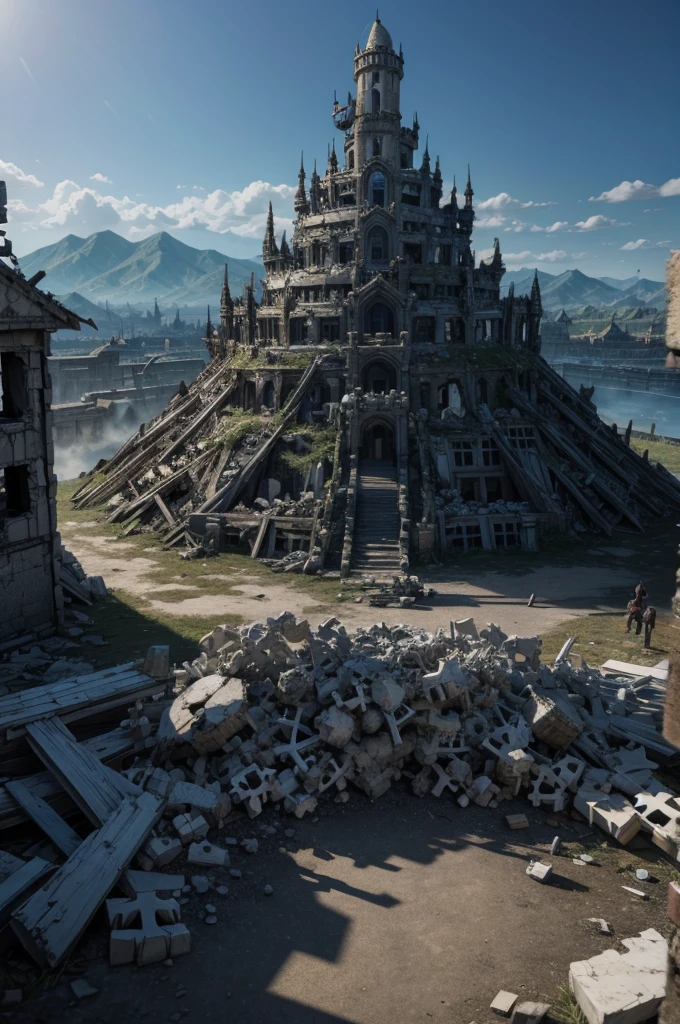 kingdom destroyed in complete chaos anime scenery a pile of bones