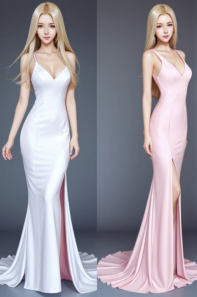 Create a female manwha character, with long straight blonde hair, blue slanted eyes, White skin, slim, and have a long elegant pink dress