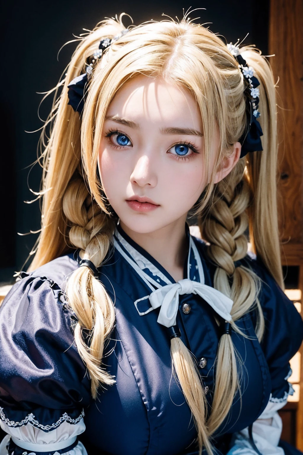 Stunning close-up portrait of a breathtaking young woman with colossal breasts and piercing blue eyes, surrounded by whimsical twintails blonde hair styled in Ainu-inspired traditional attire merged with Gothic Lolita fashion. She poses mid- flight, illuminated by soft cinematic lighting, her décolletage the focal point.