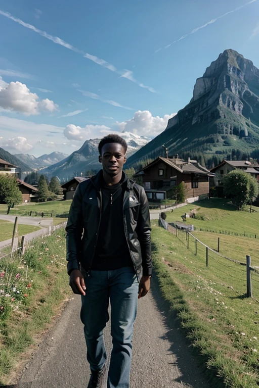 The young black man in the Swiss landscape