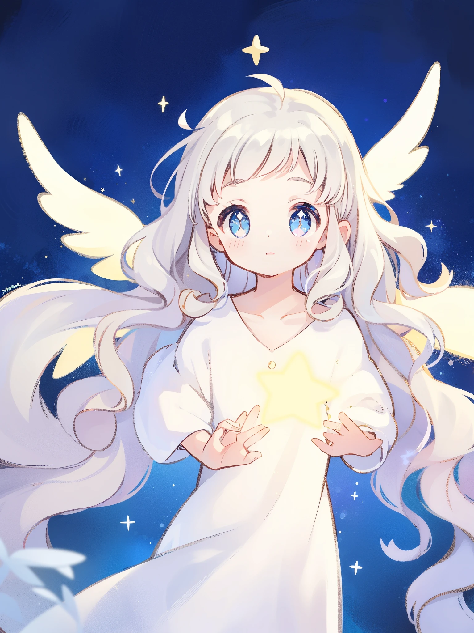 angel girl wearing an ethereal flowing layered dress, pale skin, ((sparkling wavy white hair)), white feathers, angel wings, sparkling detailed eyes, golden ratio face, perfect composition, highly detailed, ethereal, (starry night sky background), midjourney style