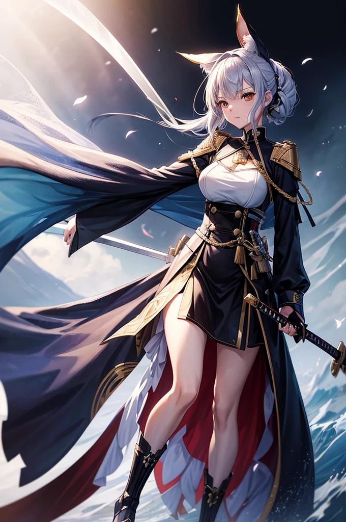 a woman holding a sword in front of a dark background, holding a long sword | divine, from the azur lane videogame, soaring waves, holding a sword on her shoulder, official art, advanced digital anime art ”, characters from azur lane, wielding a keris sword, azur lane style, unsheathing her katana, katana zero video game character