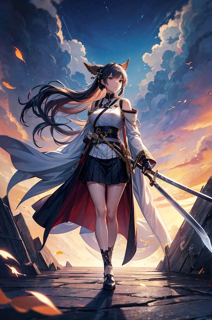 a woman holding a sword in front of a dark background, holding a long sword | divine, from the azur lane videogame, soaring waves, holding a sword on her shoulder, official art, advanced digital anime art ”, characters from azur lane, wielding a keris sword, azur lane style, unsheathing her katana, katana zero video game character