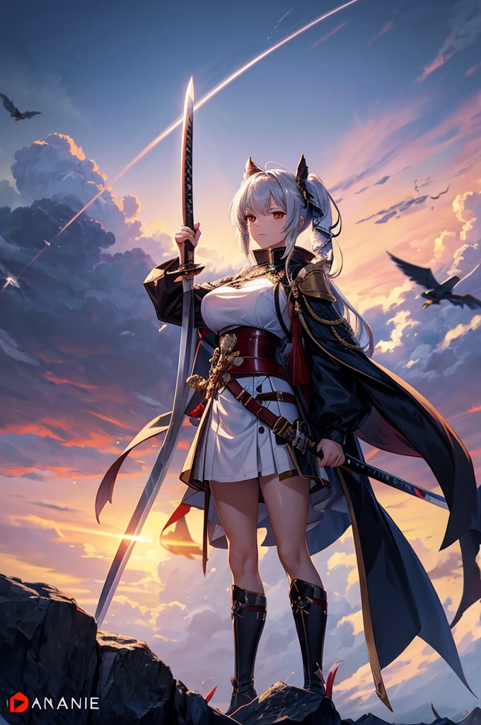 With a vast horizon and a large castle in the background、A samurai woman with silver hair and silver cat ears、Wield two swords skillfully like Miyamoto Musashi。The sword&#39;s trajectory left an afterimage of wind-like movement.、It has an overwhelming presence in the midst of fierce battles.。Other warriors were fighting around him.、The tension of the battlefield is felt。The background makes up 70% of the total、The magnificent castle and the wide horizon emphasize the atmosphere of the battlefield.。Women are drawn at 20% of the total size.、Her dignity and beauty are outstanding。The whole thing is in a realistic 3DCG style.、The power and strength of a warrior like Miyamoto Musashi is expressed in detail.。