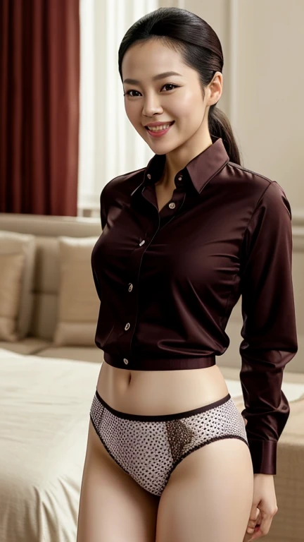 Zhang Ziyi wearing unbuttoned long-sleeved shirt and dotted panties and smiling