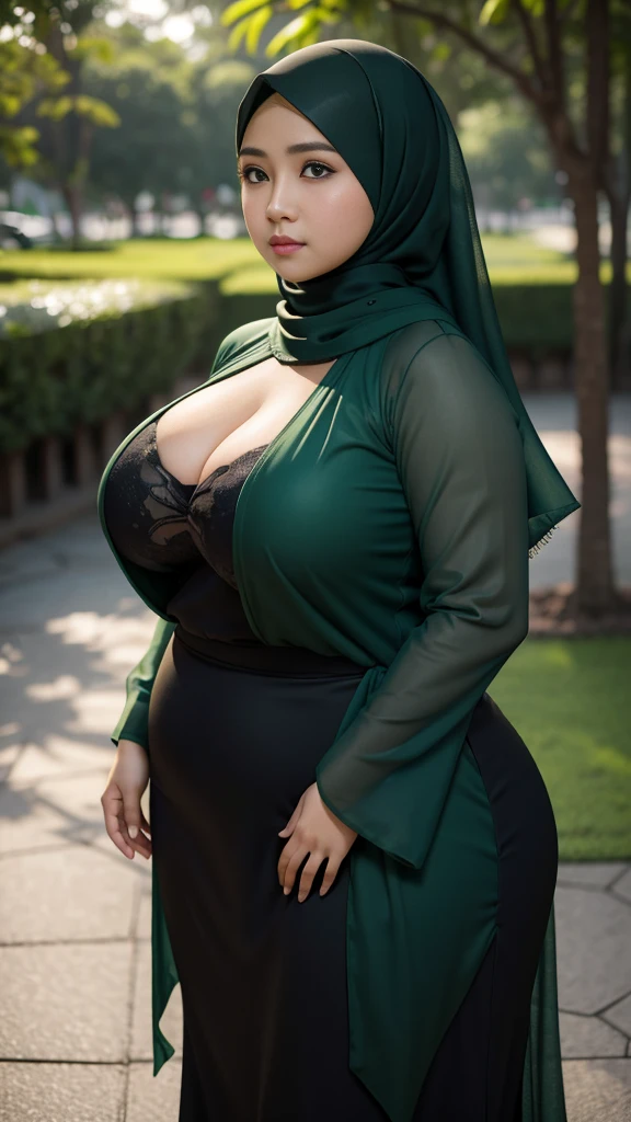 1 malay girl, modern plain hijab, shy, medium portrait, watery eyes, wearing dark green kebaya, ((big breasts)), black bokeh background, well-proportioned body,, chubby massive thighs, full body pose, Hena art on the body, hena art on , slightly fat body
