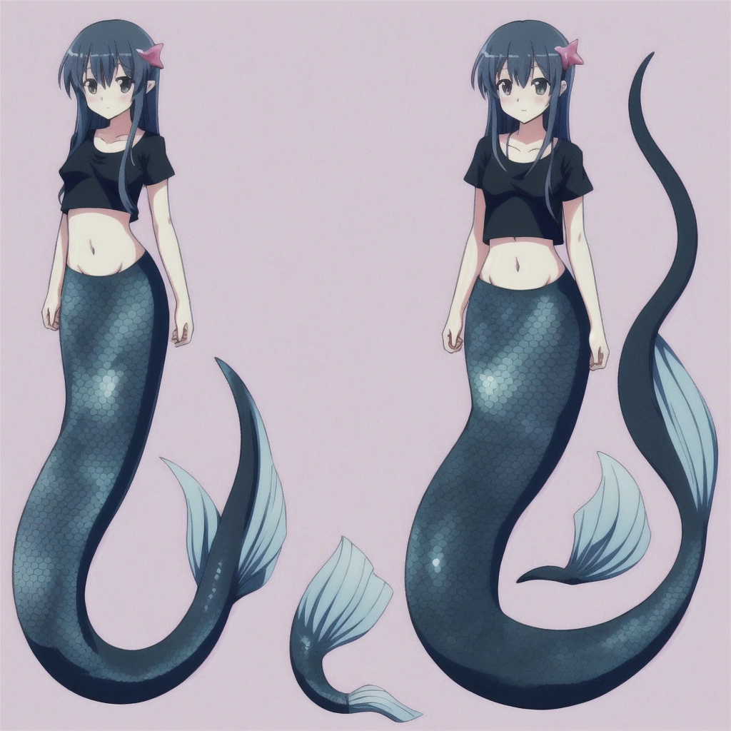 (mermaid:1.0), black long mermaid tail, full body, midriff shirt, beautiful perfect symmetrical face, beautiful cute anime ager girl, full body,, comic styled, under the se