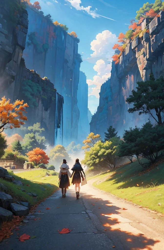 Fallen leaves on the path in the mountains, Atey Ghailan 8 K, inspired by Sylvain Sarrailh, Makoto Shinkai Cyril Rolando, concept art wallpaper 4K, digital painting concept art, Cyril Rolando and Goro Fujita, inspired by Atey Ghailan