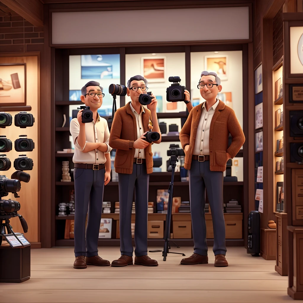 A middle-aged tall and thin photographer is choosing a camera in a camera store. There are many cameras and dazzling lenses. The scene outside the store