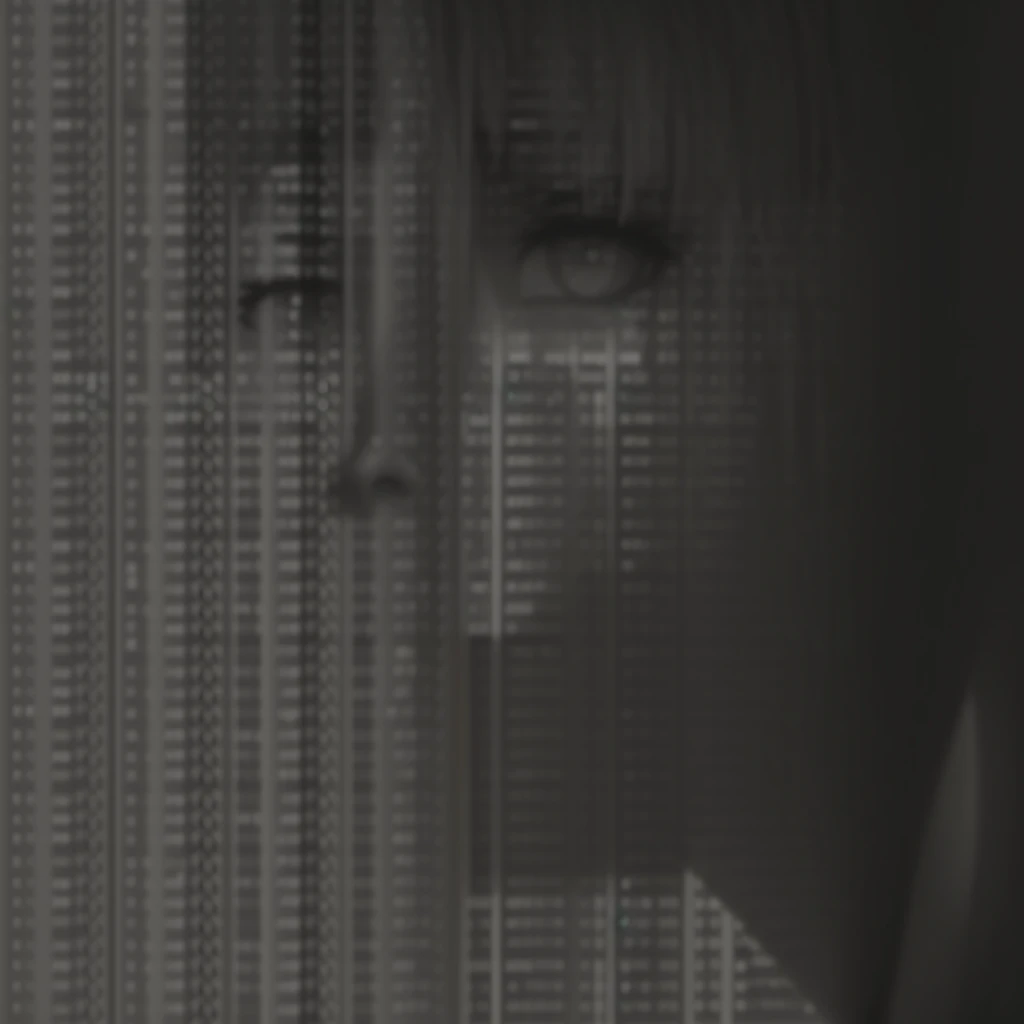 a black and white photo of a woman looking out the window, ASCII art, anime girl in ASCII art style, young woman, ASCII, face made of notation, grainy monochrome photo, cinematic lain fractal lain, inspired By Ryoji Ikeda, ( ( hesitant ) ), By Ryoji Ikeda, binary