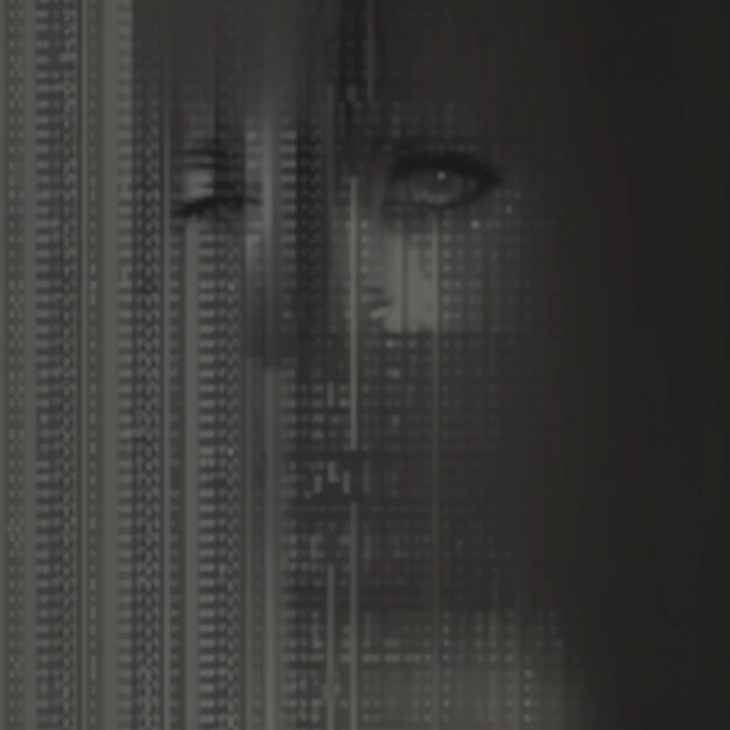 a black and white photo of a woman looking out the window, ASCII art, anime girl in ASCII art style, young woman, ASCII, face made of notation, grainy monochrome photo, cinematic lain fractal lain, inspired By Ryoji Ikeda, ( ( hesitant ) ), By Ryoji Ikeda, binary