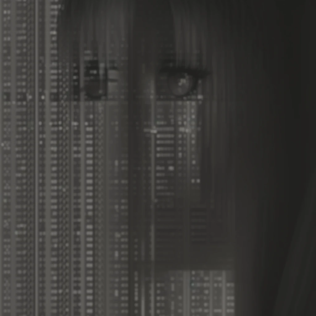 a black and white photo of a woman looking out the window, ASCII art, anime girl in ASCII art style, young woman, ASCII, face made of notation, grainy monochrome photo, cinematic lain fractal lain, inspired By Ryoji Ikeda, ( ( hesitant ) ), By Ryoji Ikeda, binary