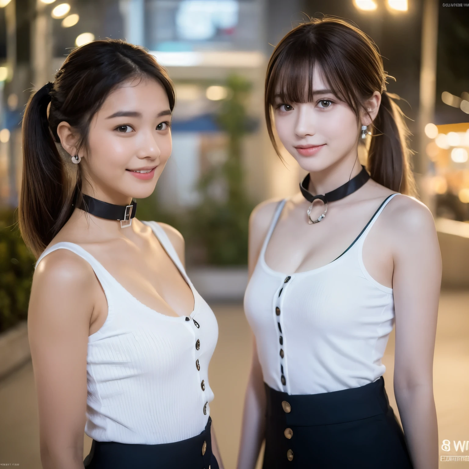 (night, Soft lighting, Highest quality, 8K, masterpiece, RAW Photos: 1.3),mysterious, Beautiful woman, Fantasy, Red Eyes, Narrow eyes, Thin slit eyes, Symmetrical eyes, (Highlight Color Hair, Shortcuts, Twin tail hairstyle), Earrings, ( No bra, whole body, Sleeveless shirt with collar, Button-collared shirt, Tight Skirt: 1.2), Super detailed, Intricate details, Highly detailed face and skin tone, slender body, whole bodyタトゥー, whole bodyに入れ墨, Realistic, compensate, intellectual, Fascinating, Alluring, Beautiful standing posture, Small breasts, nightの街, Invincible Smile, Dynamic Angle, Dynamic, Slim legs, Thin legs,