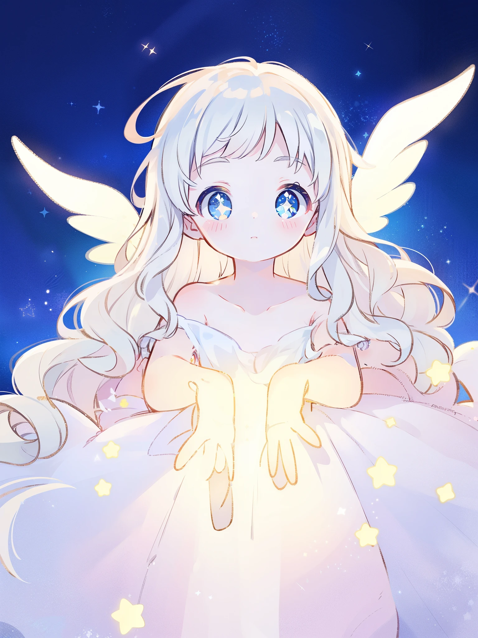 angel girl wearing an ethereal flowing layered dress, pale skin, ((sparkling wavy white hair)), white feathers, angel wings, sparkling detailed eyes, golden ratio face, perfect composition, highly detailed, ethereal, (starry night sky background), midjourney style