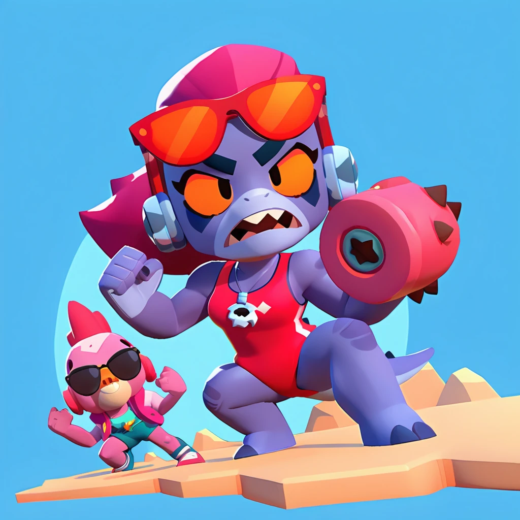full body view of a dinosaur(T-REX), dark blue skin, female, dressed in a red swimsuit and sunglasses, with a pink and white buoy, dinosaur animal, fight, brawl stars