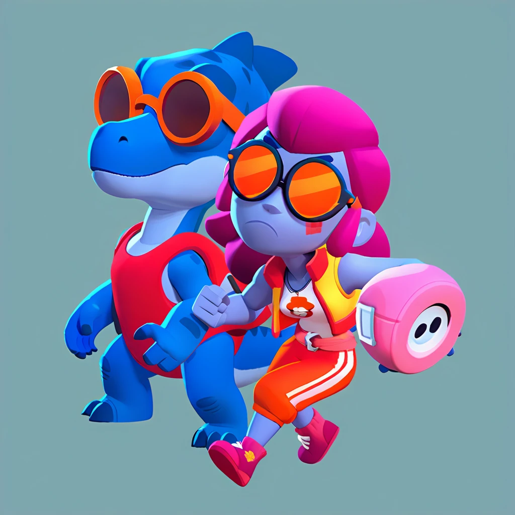full body view of a dinosaur(T-REX), dark blue skin, female, dressed in a red swimsuit and sunglasses, with a pink and white buoy, dinosaur animal, fight, brawl stars