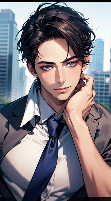 (Highest quality,4K,8K,High resolution,masterpiece:1.2),Super detailed,(Realistic,photoRealistic,photo-Realistic:1.37),1 person,31 years old,Mature Men,Beautiful skin, very handsome,Expressionless,smile in love,Short silver black hair,blue eyes,Sharp Eyes,A perfect face without a doubt,Businessman, CEO,Office Background,Cinema Lighting,HDR image,tie、