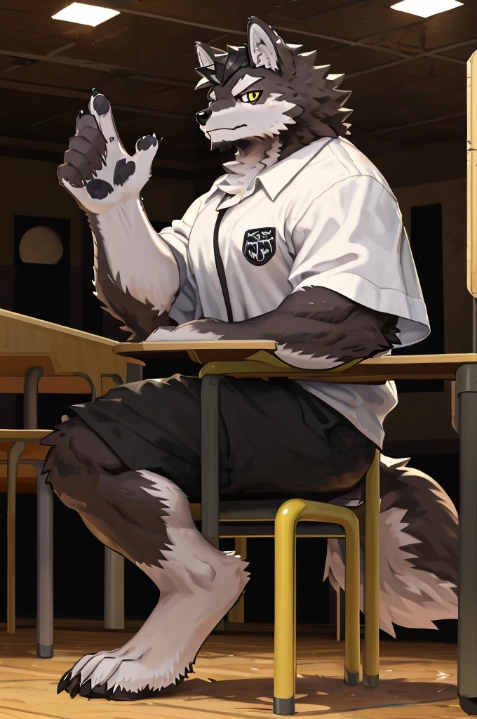 bara furry, short yellow hair, full black skin, at school, big dick, cum