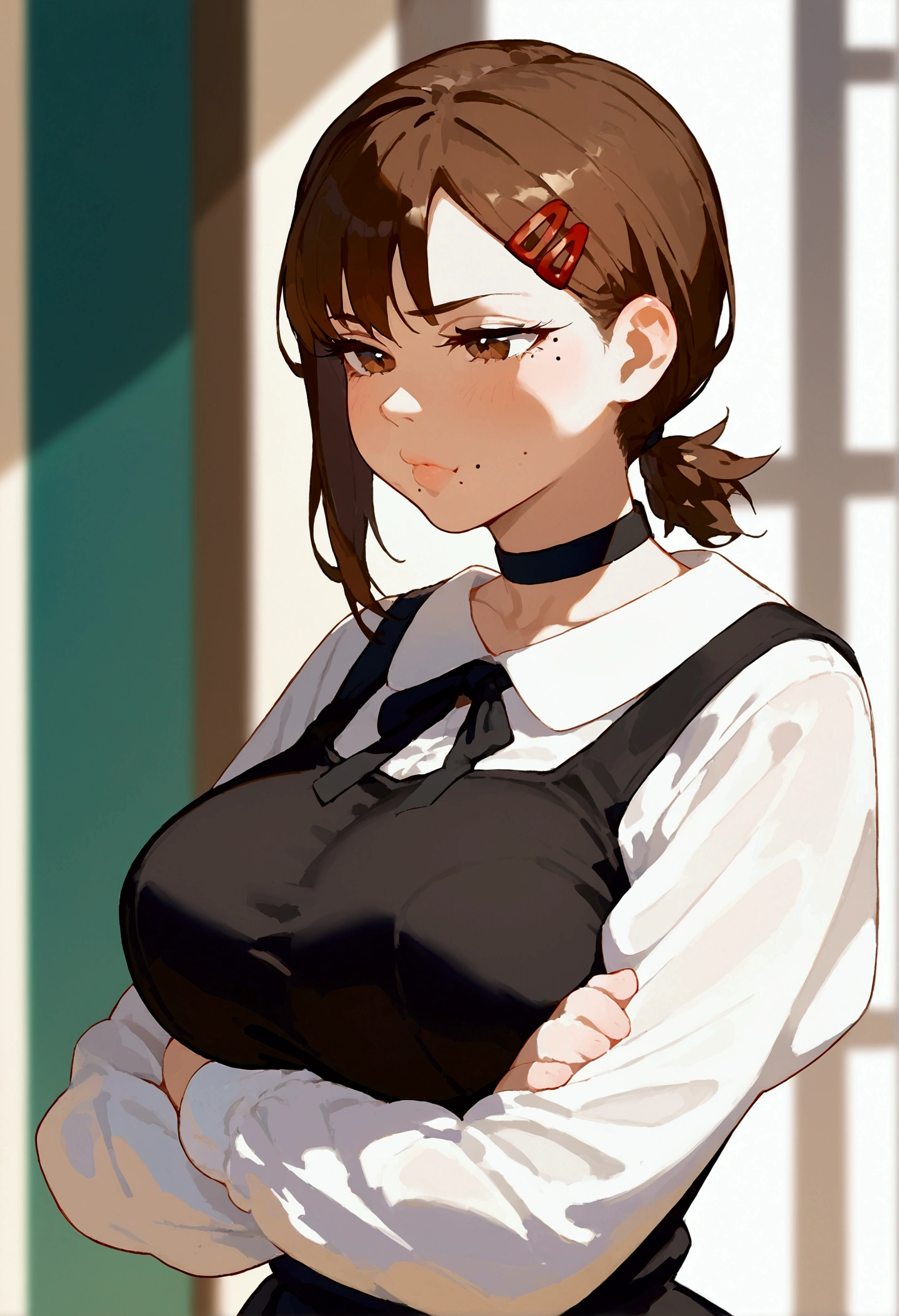 score_9, score_8_up, score_7_up, score_6_up,score_5_up,score_4_up, BREAK ,big breasts, 1girl, solo,  kobenicasual, mole under eye, mole under mouth, single sidelock, short ponytail, hairclip, brown hair, brown eyes, black dress, pinafore dress, sleeveless dress, white shirt, black ribbon, neck ribbon, long sleeves, black choker, puffy cheeks, pouting, crossed arms,